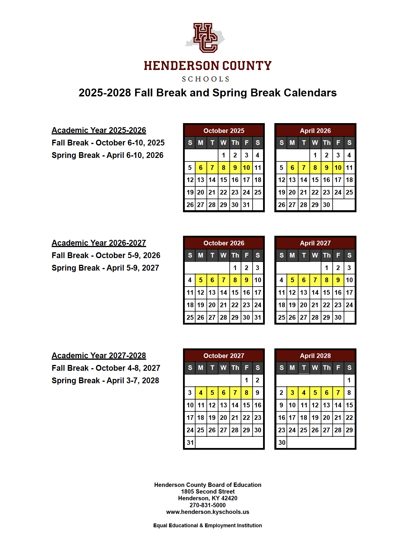 Fall and Spring Break Calendars