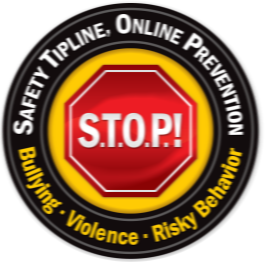The phrases “Safety Tipline, Online Prevention, Bullying, Violence, Risky Behavior” written into the black border encircling a red STOP Sign
