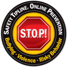 The phrases “Safety Tipline, Online Prevention, Bullying, Violence, Risky Behavior” written into the black border encircling a red STOP Sign