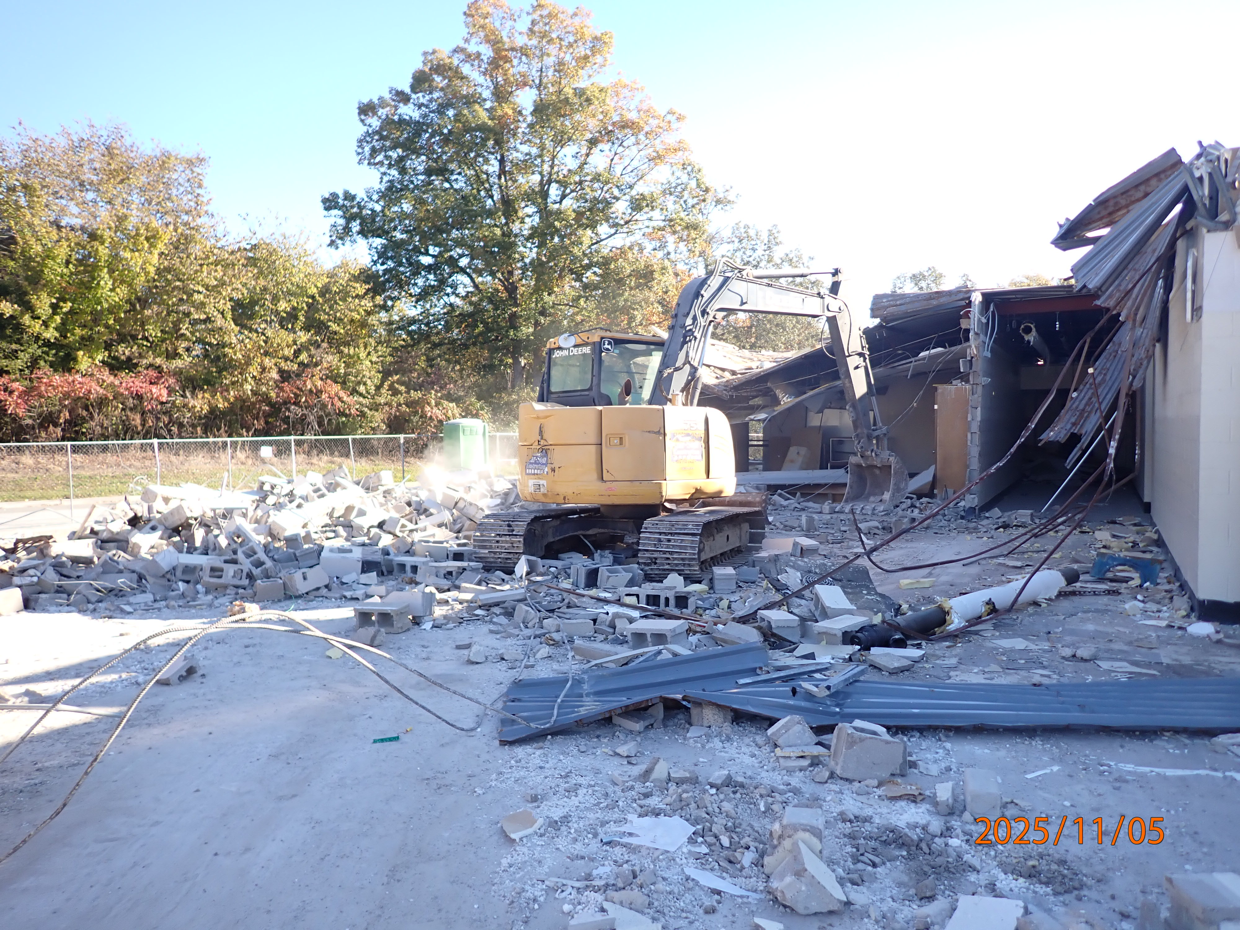 Construction workers making progress on the demolition at J.F. Wahl Elementary