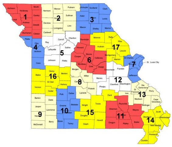 Missouri map with MSBA regions outlined