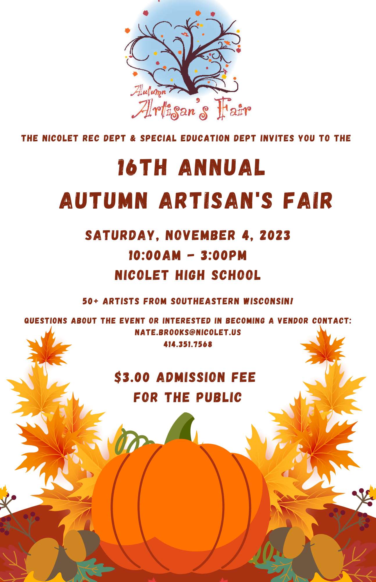 graphic of Autumn Artisan's Fair that takes place on November 4, 2023 from 10am - 3pm