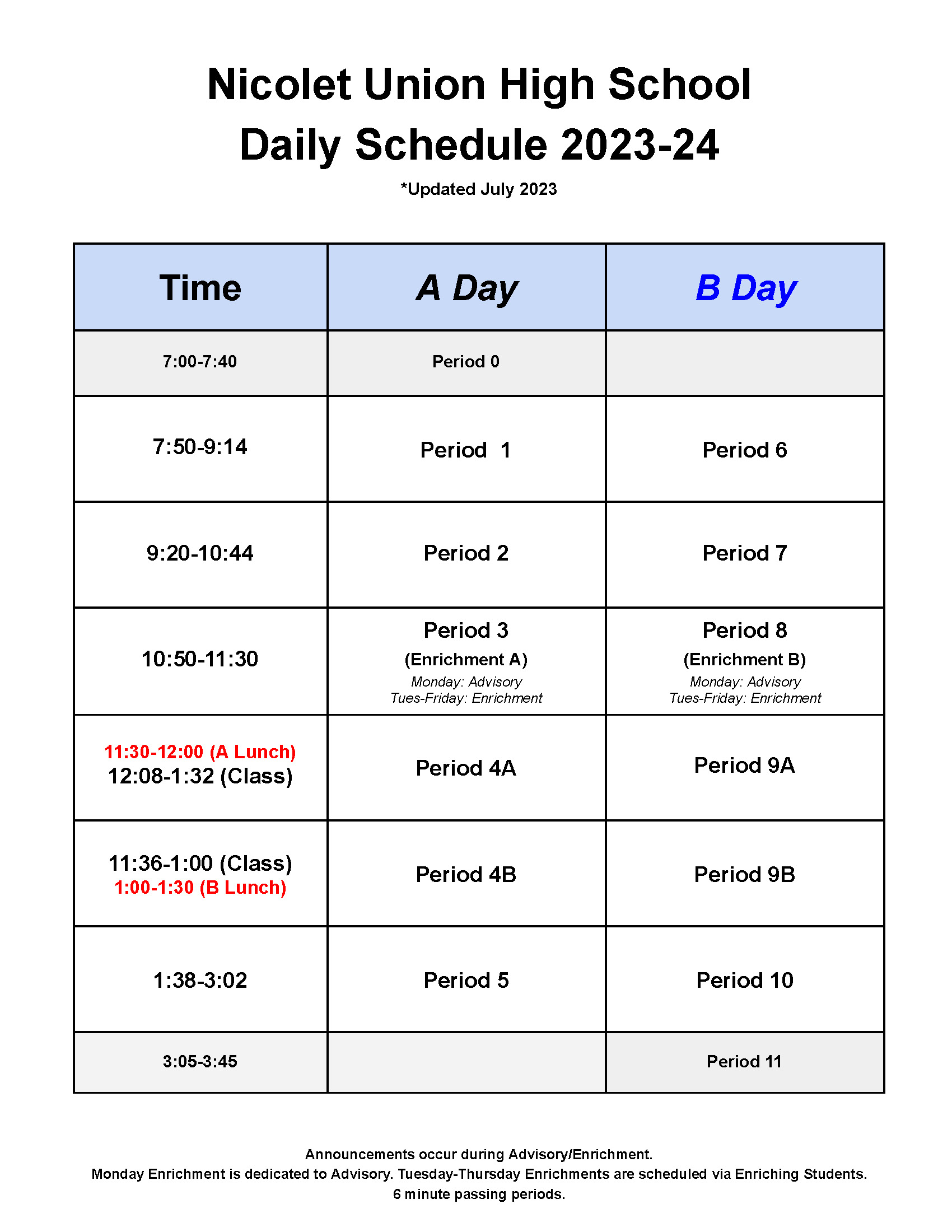 picture of Nicolet Union High School Daily A/B Schedule
