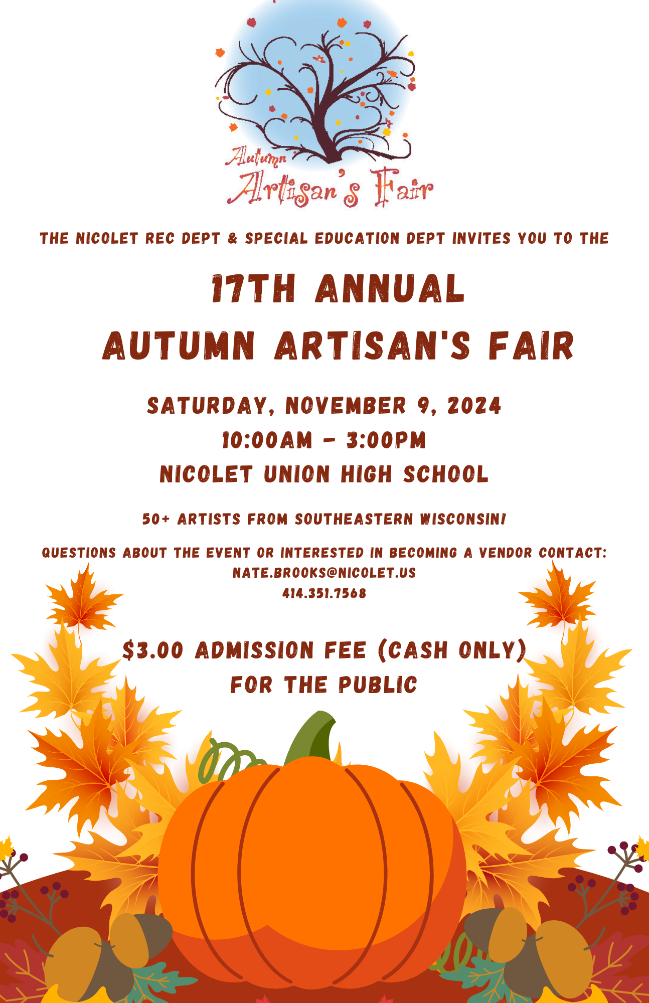 graphic of Autumn Artisan's Fair that takes place on November 4, 2023 from 10am - 3pm