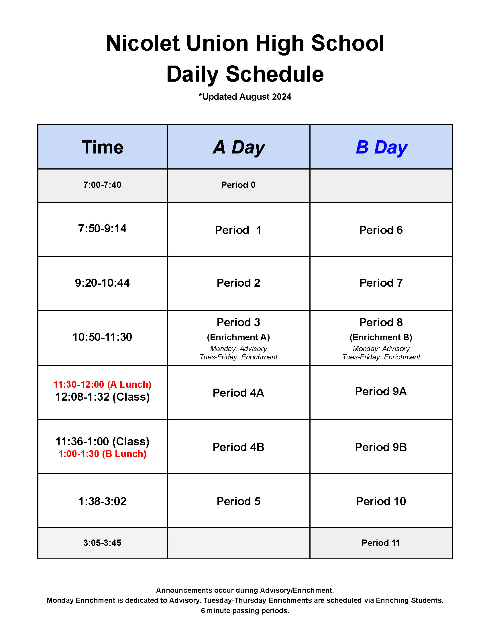 picture of Nicolet Union High School Daily A/B Schedule