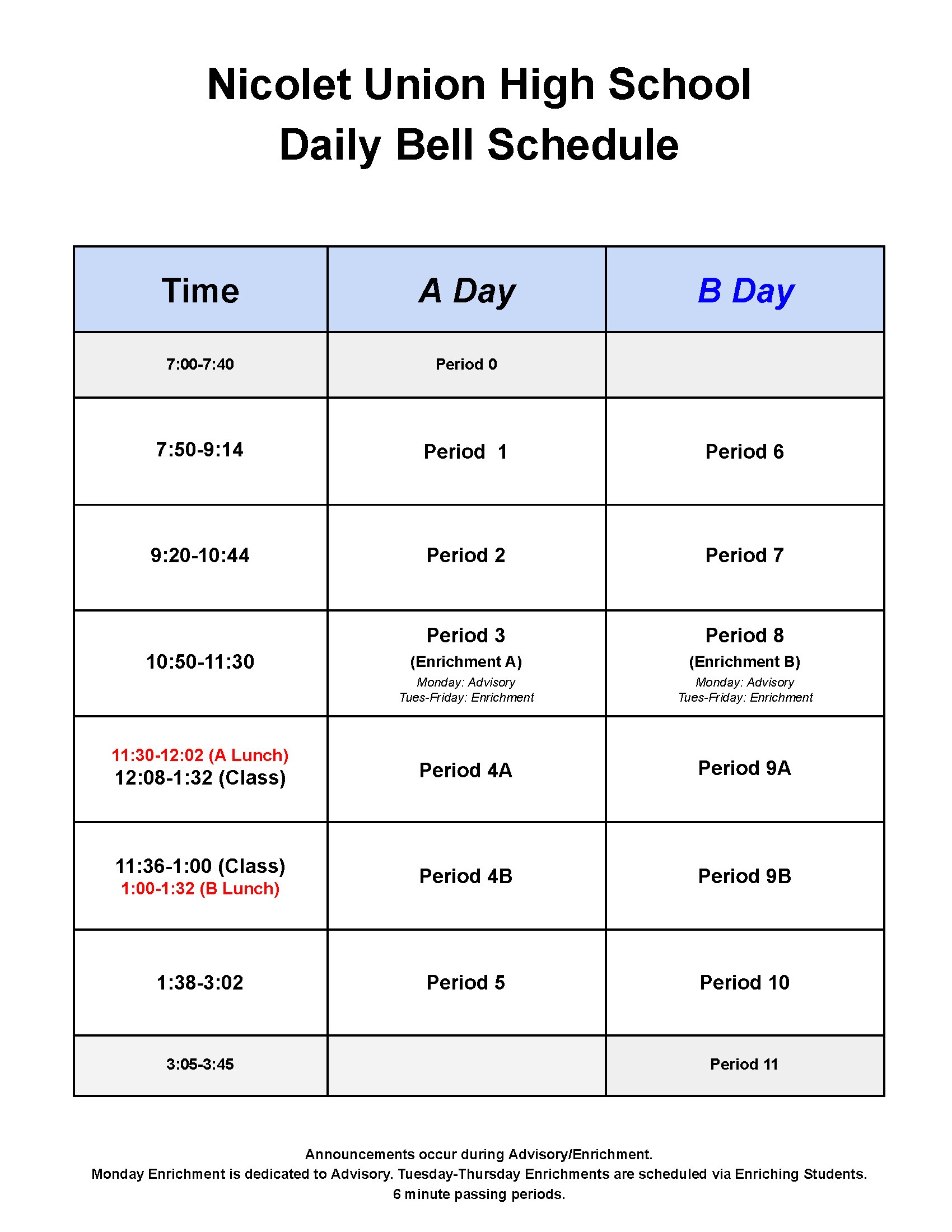picture of Nicolet Union High School Daily A/B Schedule
