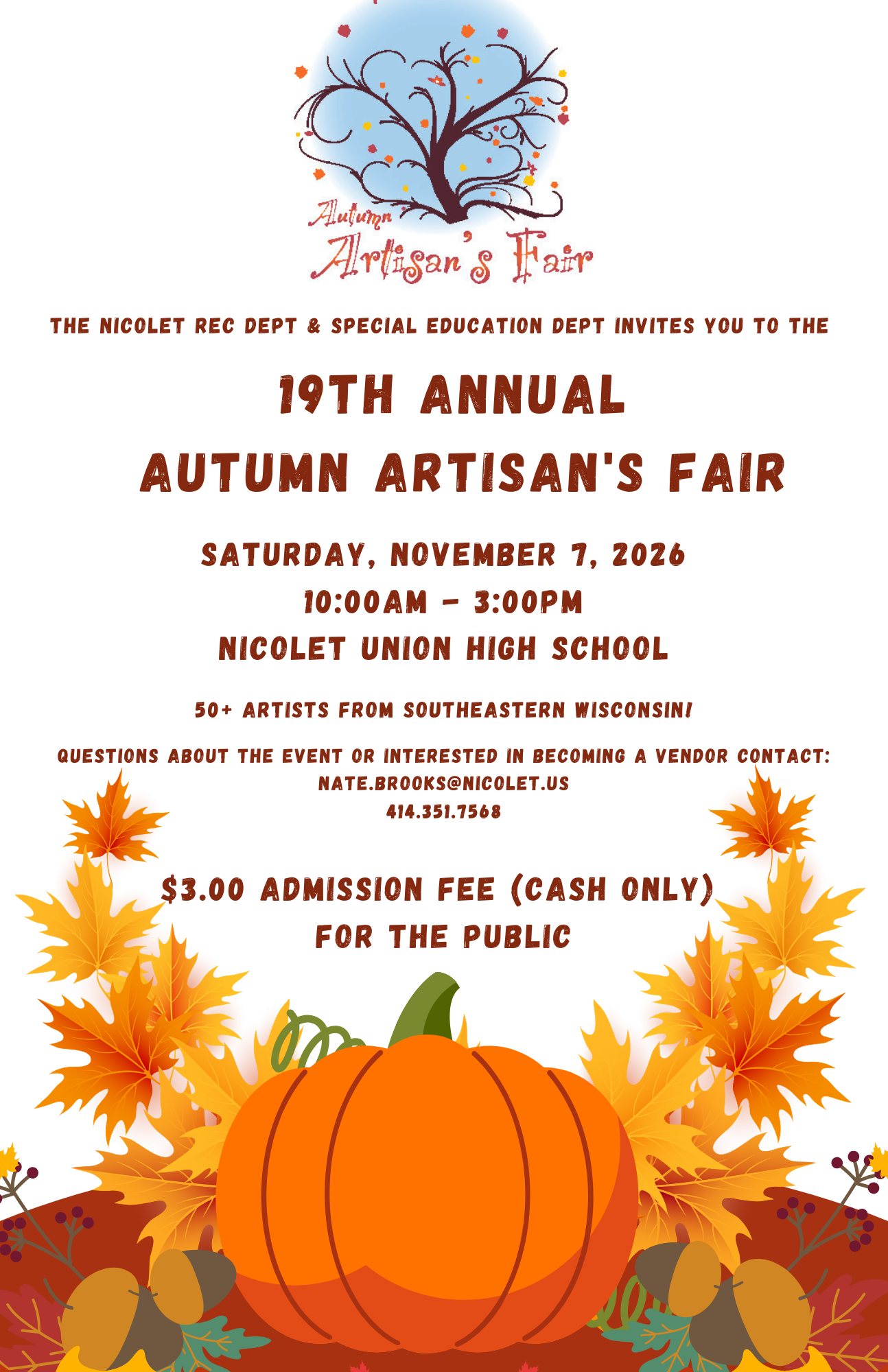 An event invitation for the 19th Annual Autumn Artisan's Fair. It features a pumpkin, leaves, and an autumn tree.