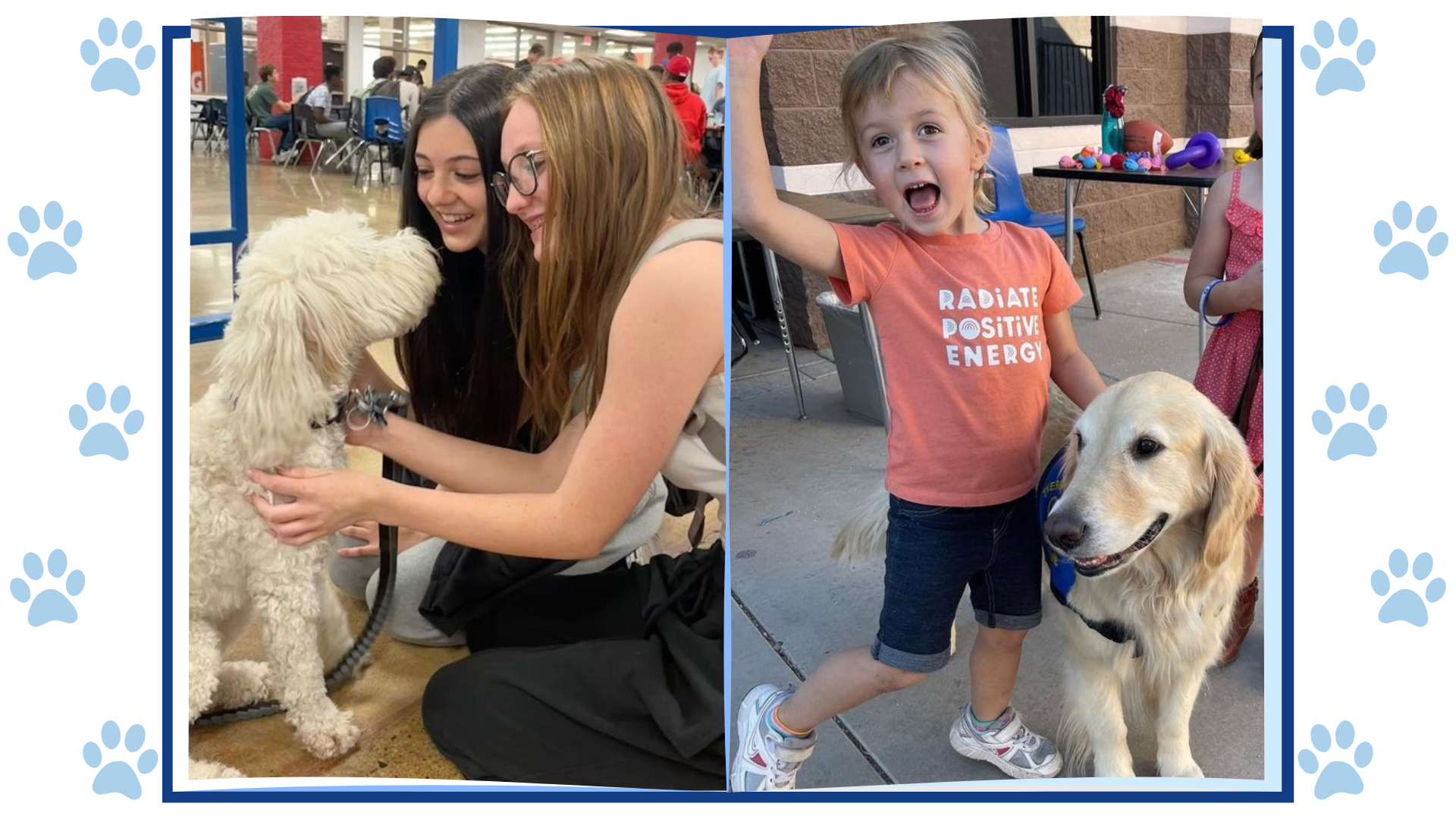 Two high school students with a dog, one elementary student with a dog