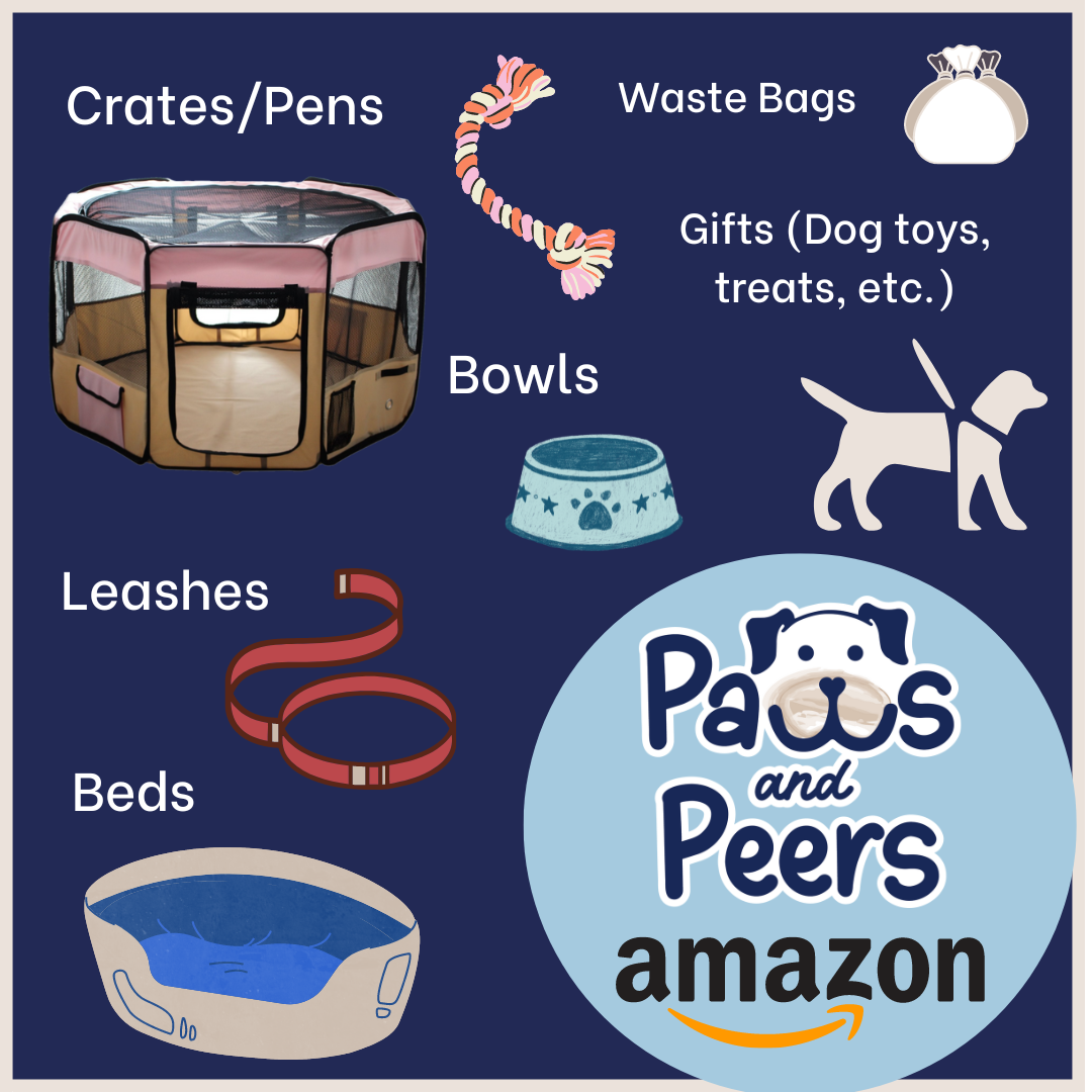 Amazon items: crates, waste bags, gifts, leashes, beds