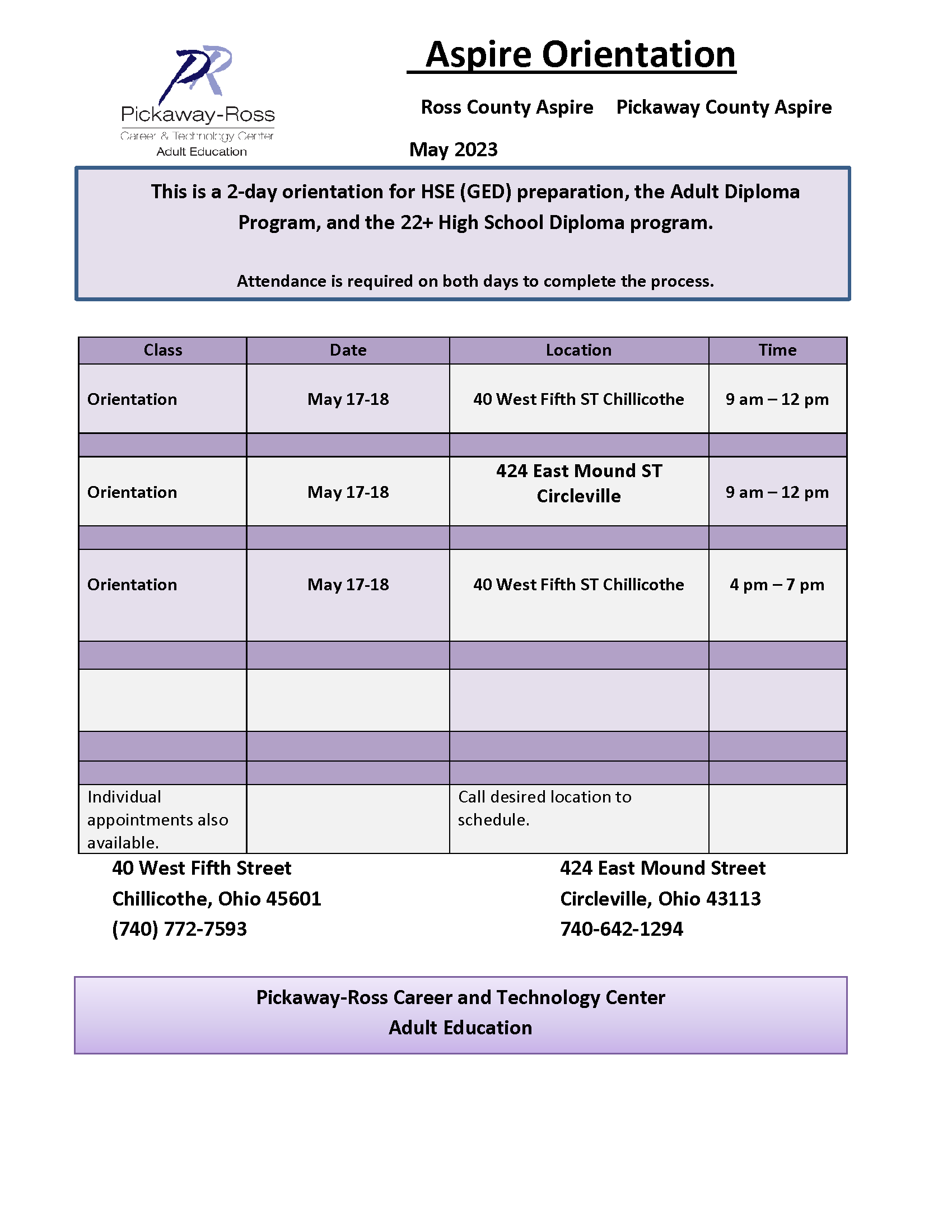 Aspire May 2023 Orientation Schedule