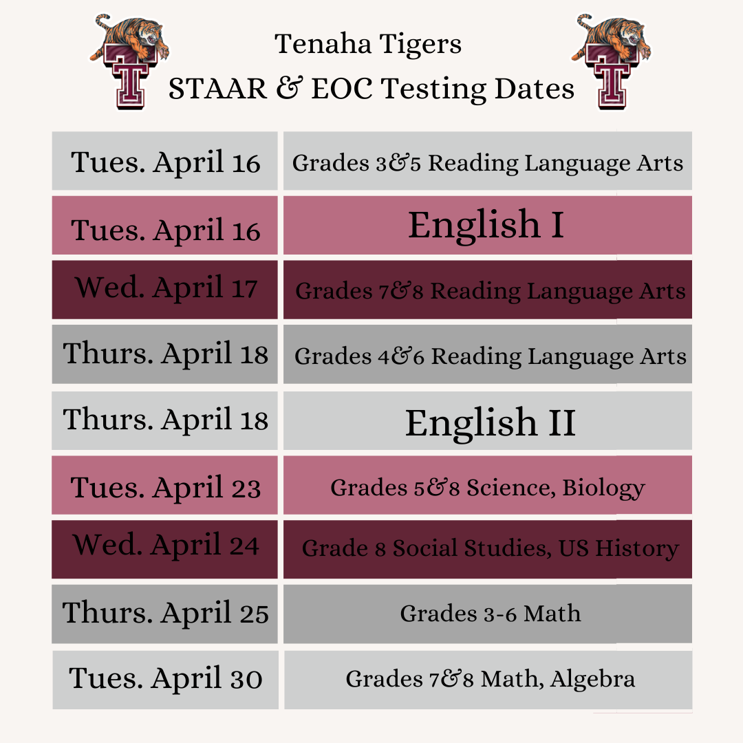 STAAR & EOC Testing dates for the month of April