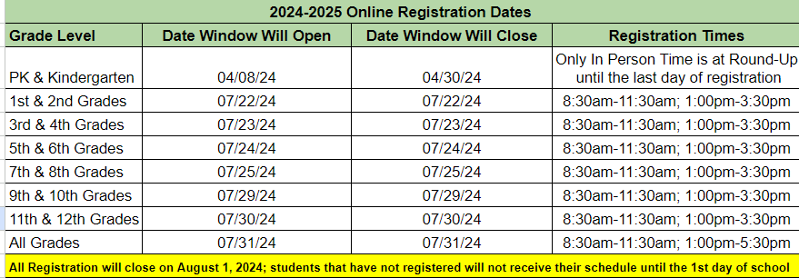Registration Dates for 24-25 School Year