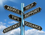 a signpost with directions that read "help," "support," "guidance," "advice," "tips," and "assistance"