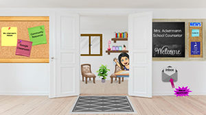 a digitized image of Ms. Ackerman leaning out of an office and waving