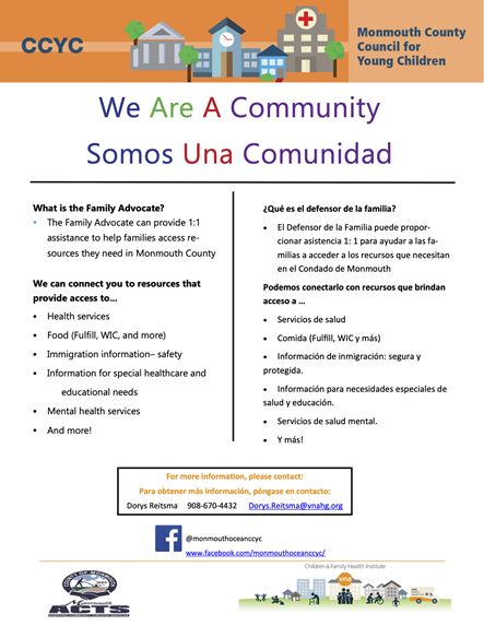 a flyer reading We Are a Community/Somos una comunidad, containing information about the Family Advocate