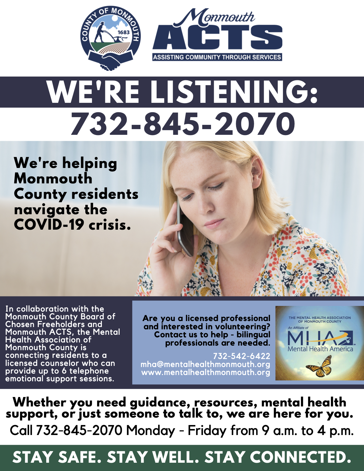 A flyer for the Monmouth mental health hotline containing the information written above