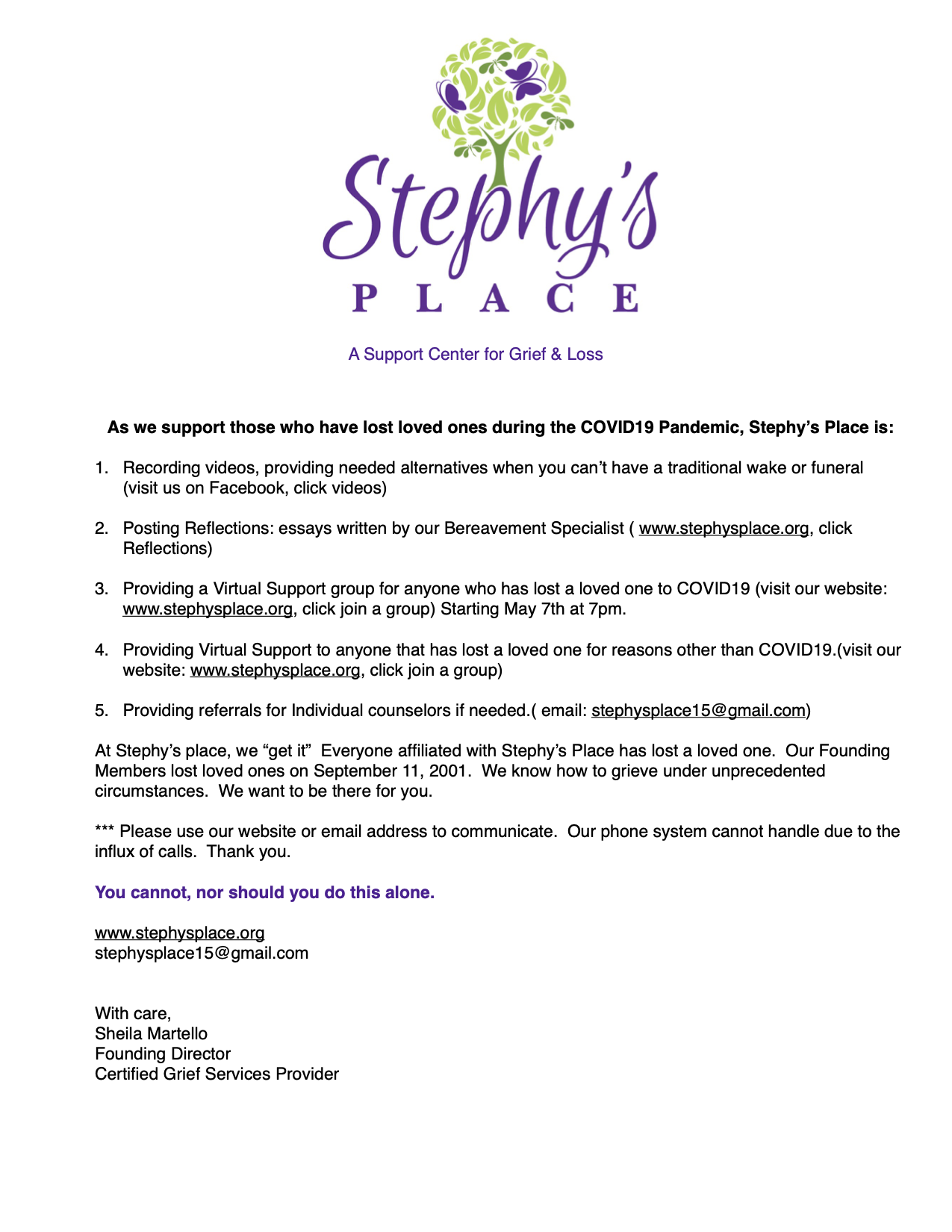 a flyer for Stephy's Place, a support center for Grief and Loss