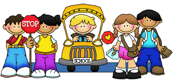 A cartoon image of a group of children smiling around a schoolbus