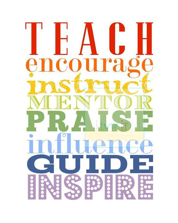 a stack of rainbow-colored words: "teach, encourage, instruct, mentor, praise, influence, guide, inspire"