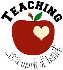 an apple with a heart-shaped bite out of it and the words "Teaching is a work of the heart"