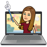 a bitmoji image of Miss Signorile, a woman with long, light brown hair, emerging from a laptop with a pointer