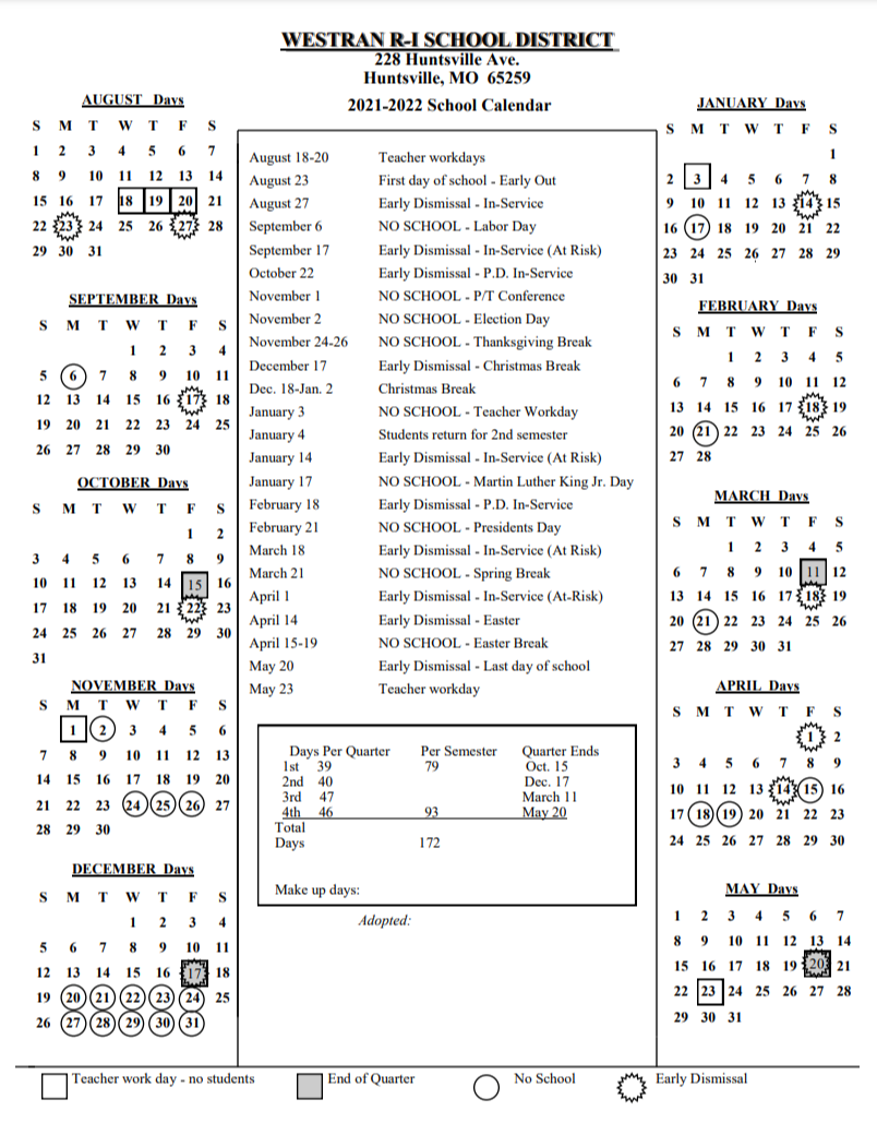 21-22 Westran R1 School District Calendar