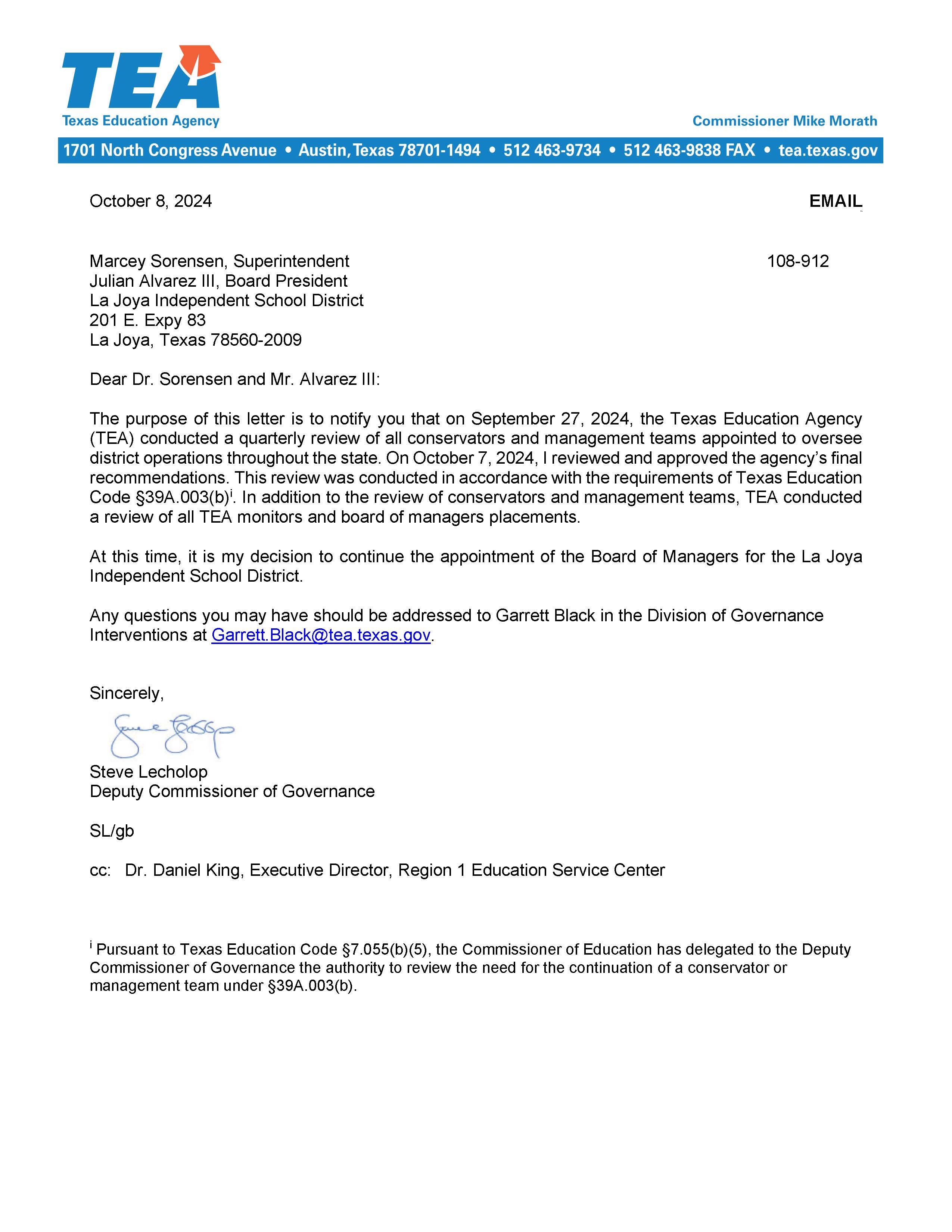 La Joya ISD - Continuance Letter - October 8, 2024