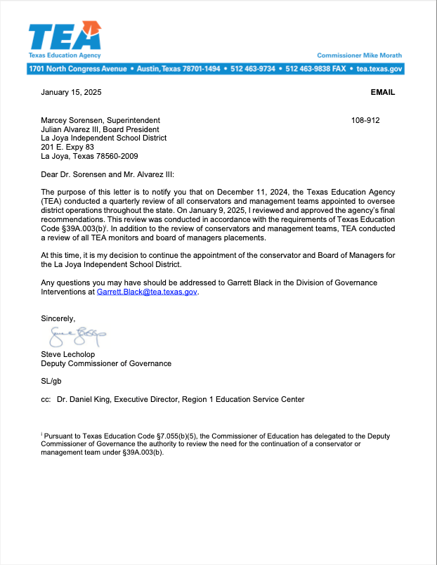 La Joya ISD - Continuance Letter - October 8, 2024