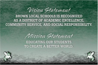 Vision Statement Brown local schools is recognized as a district of academic excellence, community service, and social responsibility. Mission statement educating our students to create a better world. green to white antique faded background with the Malvern hornet logo in left and right bottom corners.