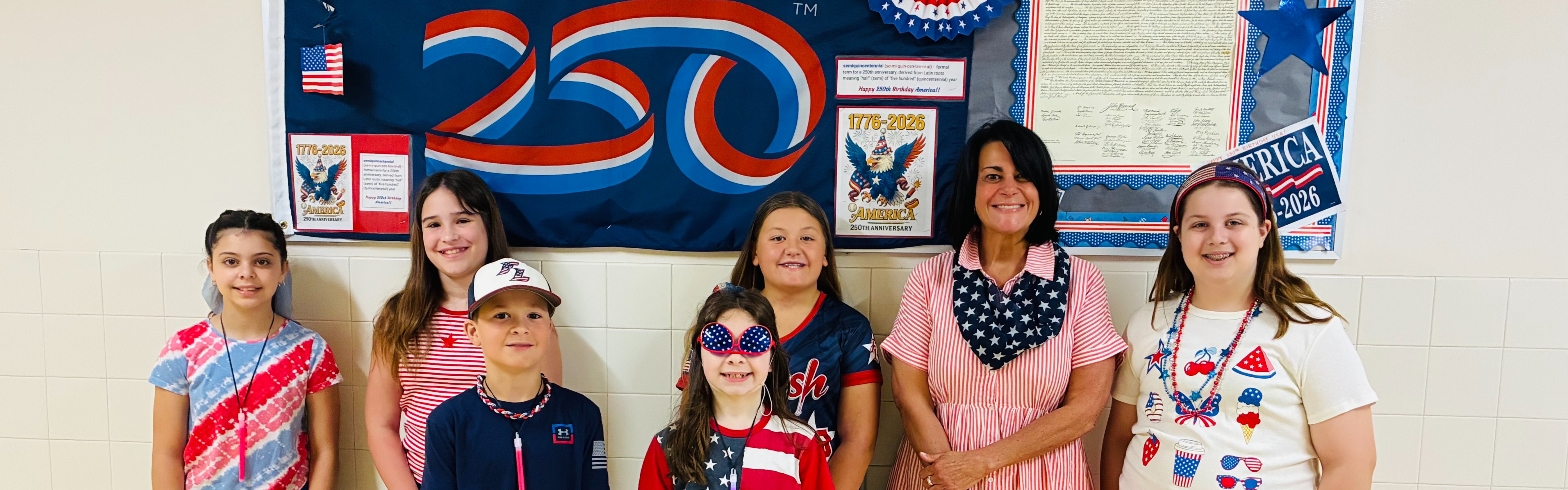 Students dressed in red, white and blue.