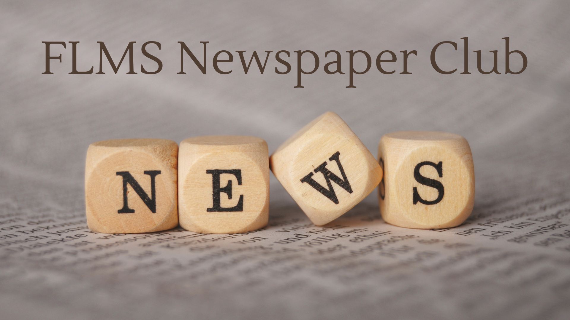 image of wooden dice type blocks with the letters N E W S on them and text of FLMS Newspaper Club