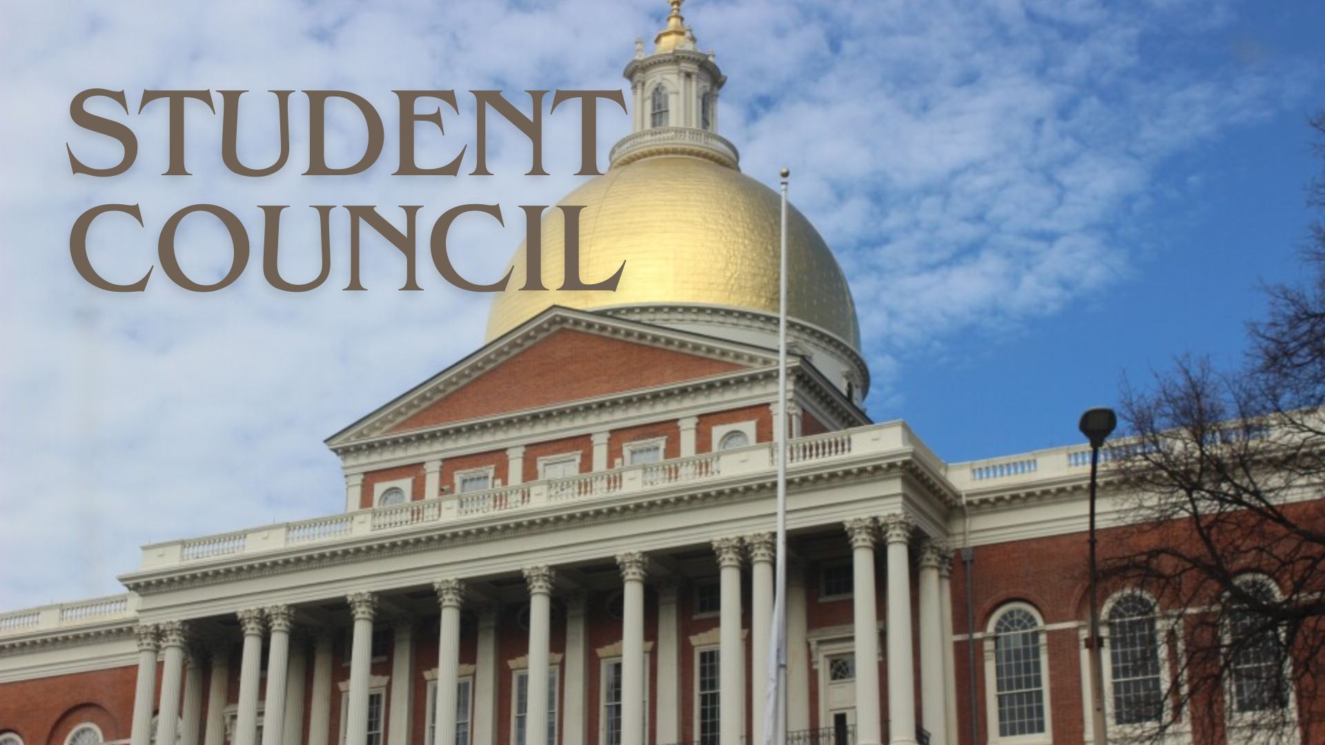 image of the Massachusetts state house with text of Student Council
