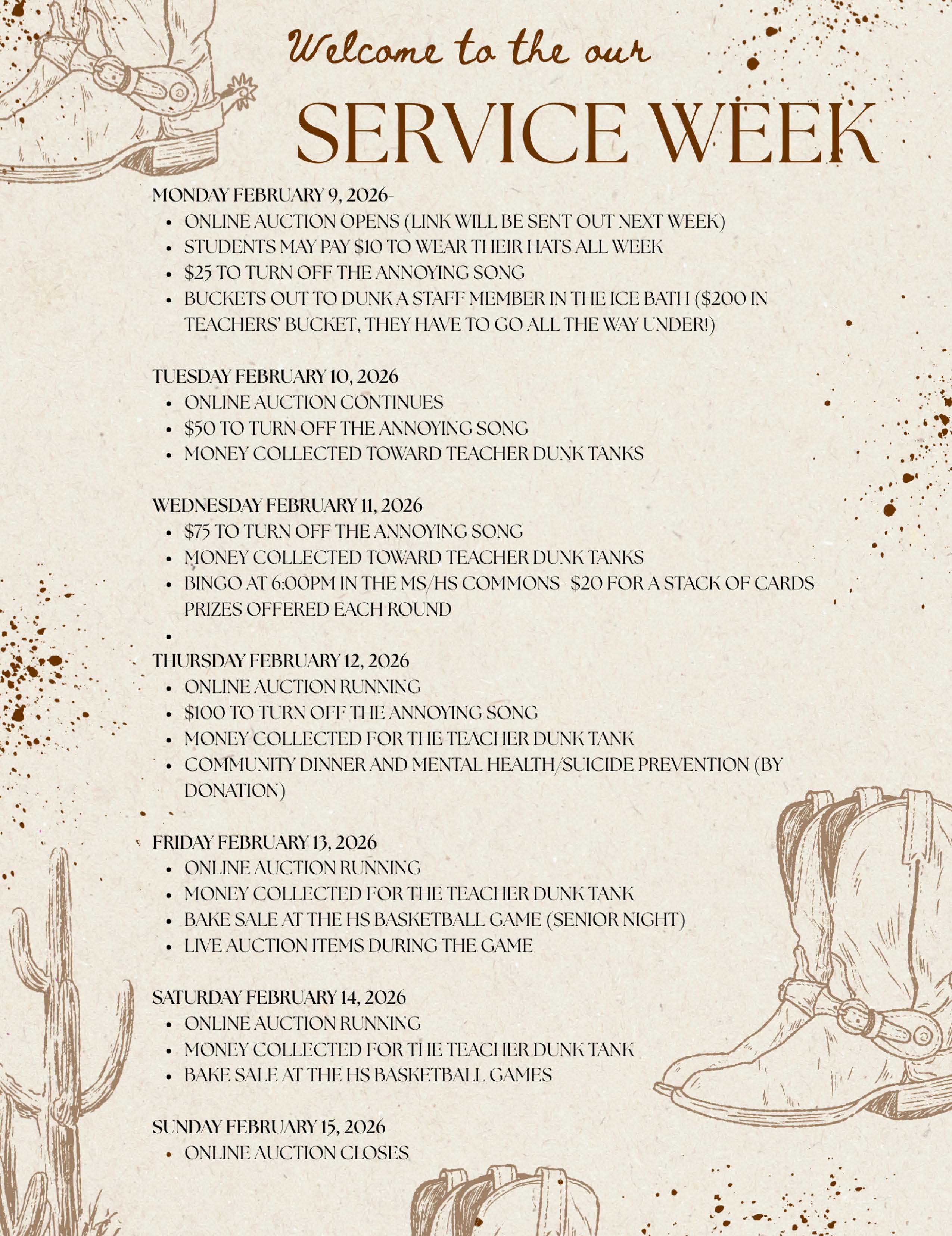 2026 Service week events schedule