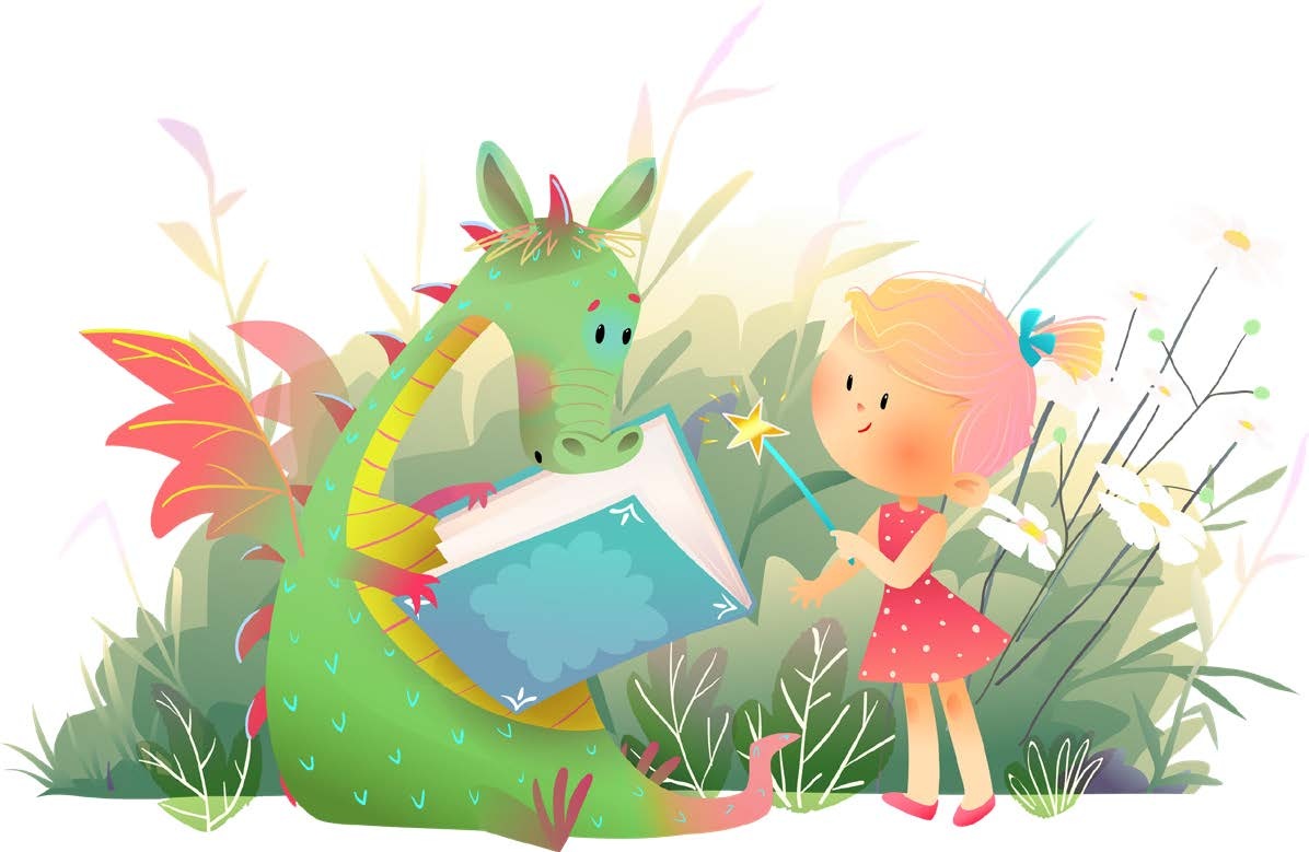 A child and a dragon reading a book together