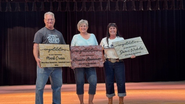 Wind River staff Retirees 2026.  Mark Cress, Brenda Leonhardt and Jamie Nicholls