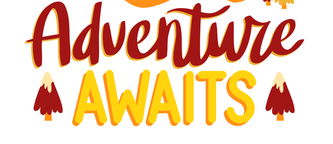 The image is an illustration with the words "Adventure Awaits" written in a large, playful font. The word "Adventure" is in a dark red script, and the word "Awaits" is in a bold yellow font with a slight drop shadow. Above the text is a stylized orange and yellow mountain peak with snow on top, set against a background of small yellow stars. On either side of the words are stylized cartoon trees in shades of brown, red, and yellow. The entire illustration is on a white background.