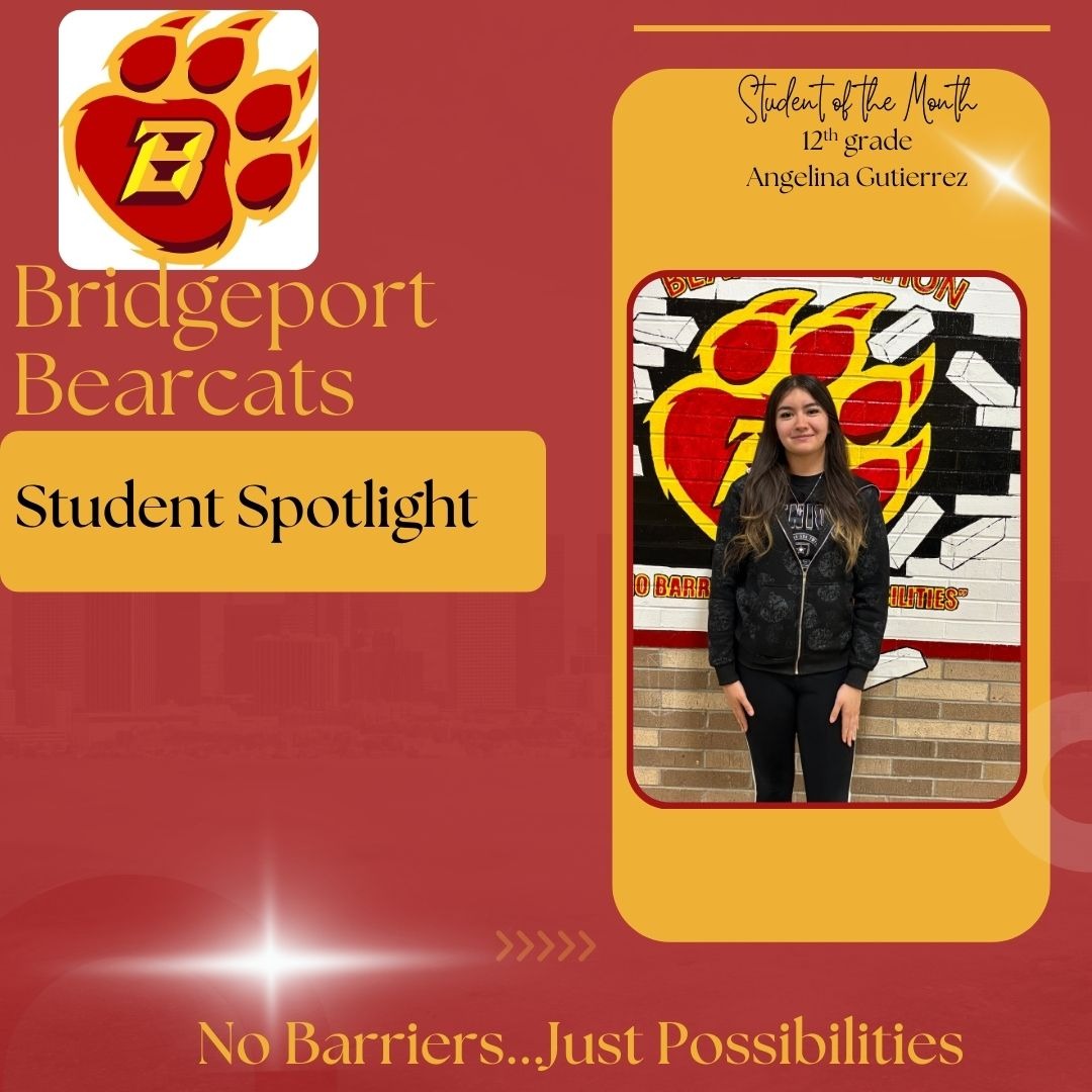 A maroon and gold graphic announces "Bridgeport Bearcats Student Spotlight." In the upper left corner is a logo of a bear paw with a stylized red "B" inside a gold shape. To the right, on a rounded gold rectangle, is a photo of Angelina Gutierrez, identified as the "Student of the Month" for the 12th grade. She stands smiling in front of a brick wall with a mural featuring the Bridgeport Bearcats paw logo and the words "NO BARRIERS...JUST POSSIBILITIES." The phrase "No Barriers...Just Possibilities" is also written in gold at the bottom of the maroon background, below a series of right-pointing chevron shapes.
