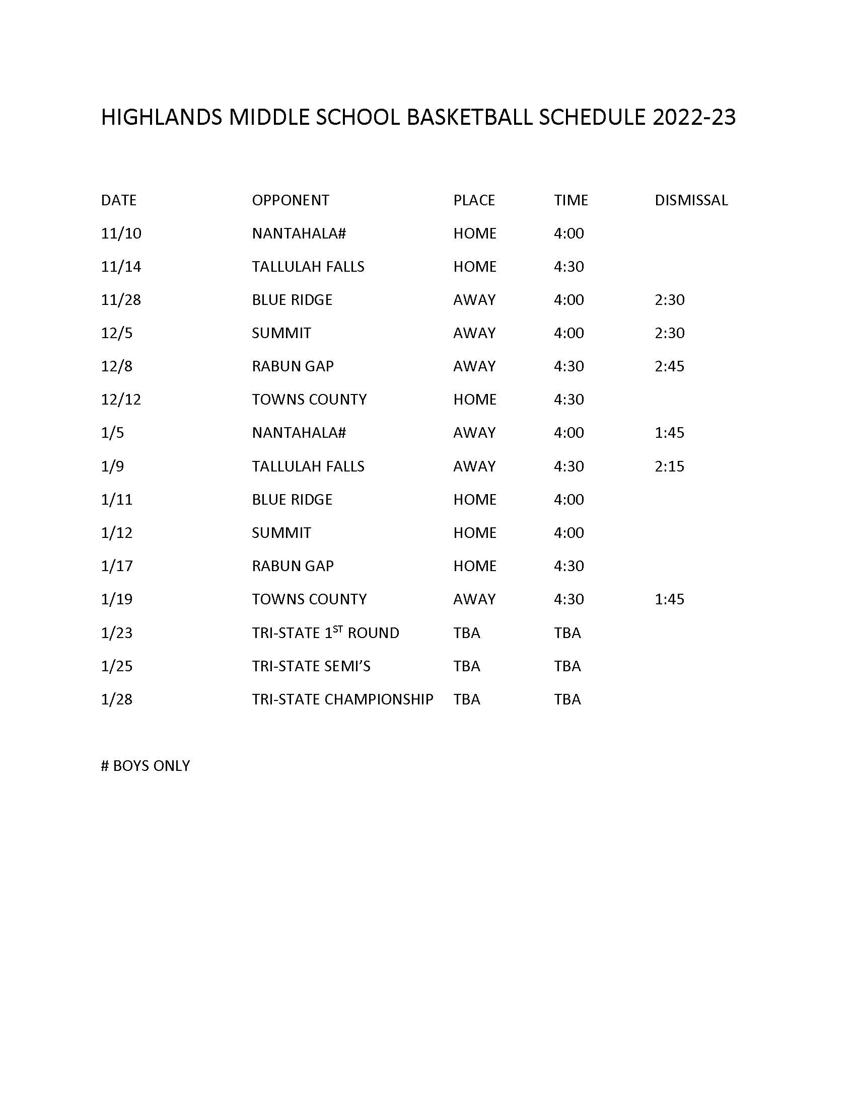 Athletics Calendar Highlands School