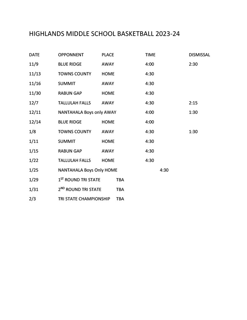 Athletics Calendar Highlands School