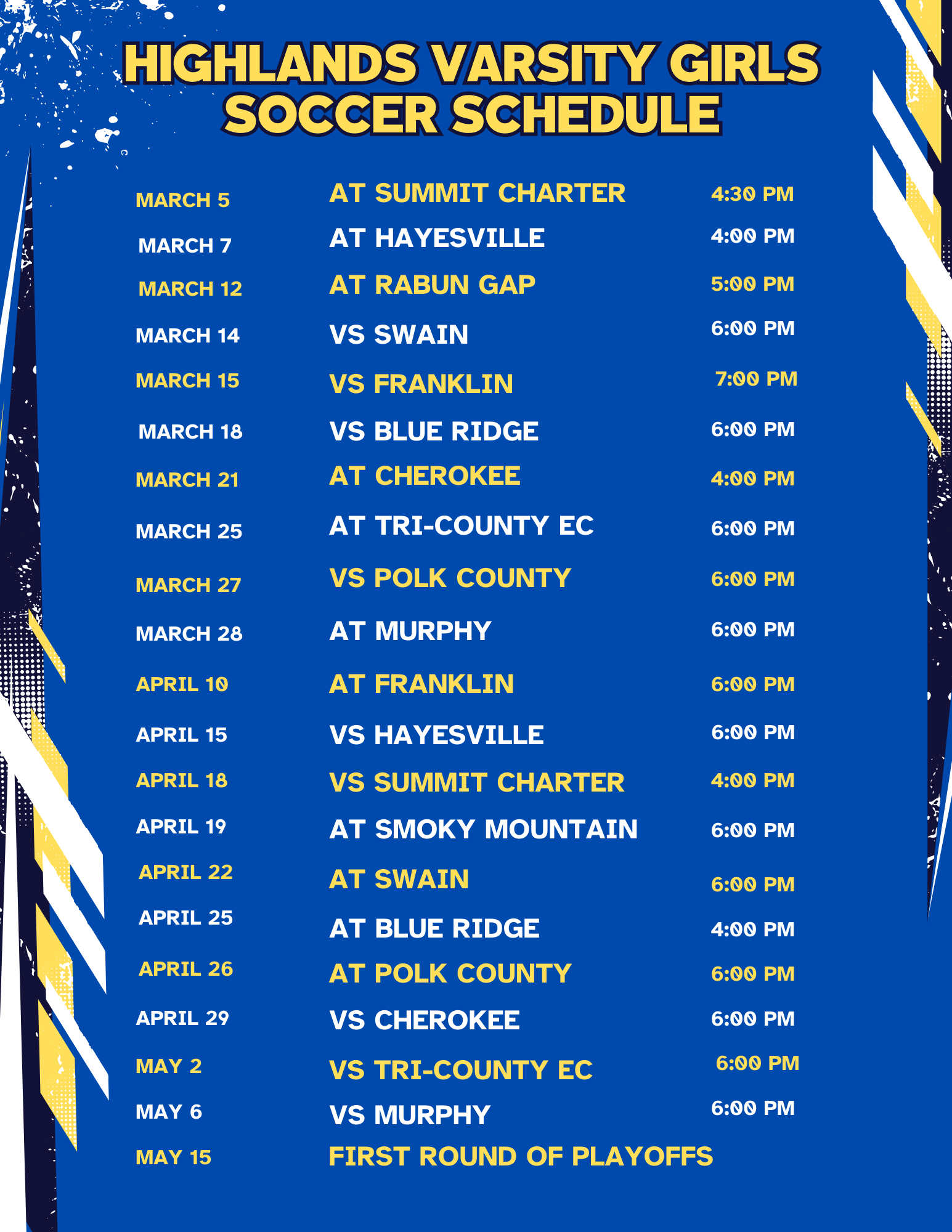 Girls Varsity Soccer Schedule