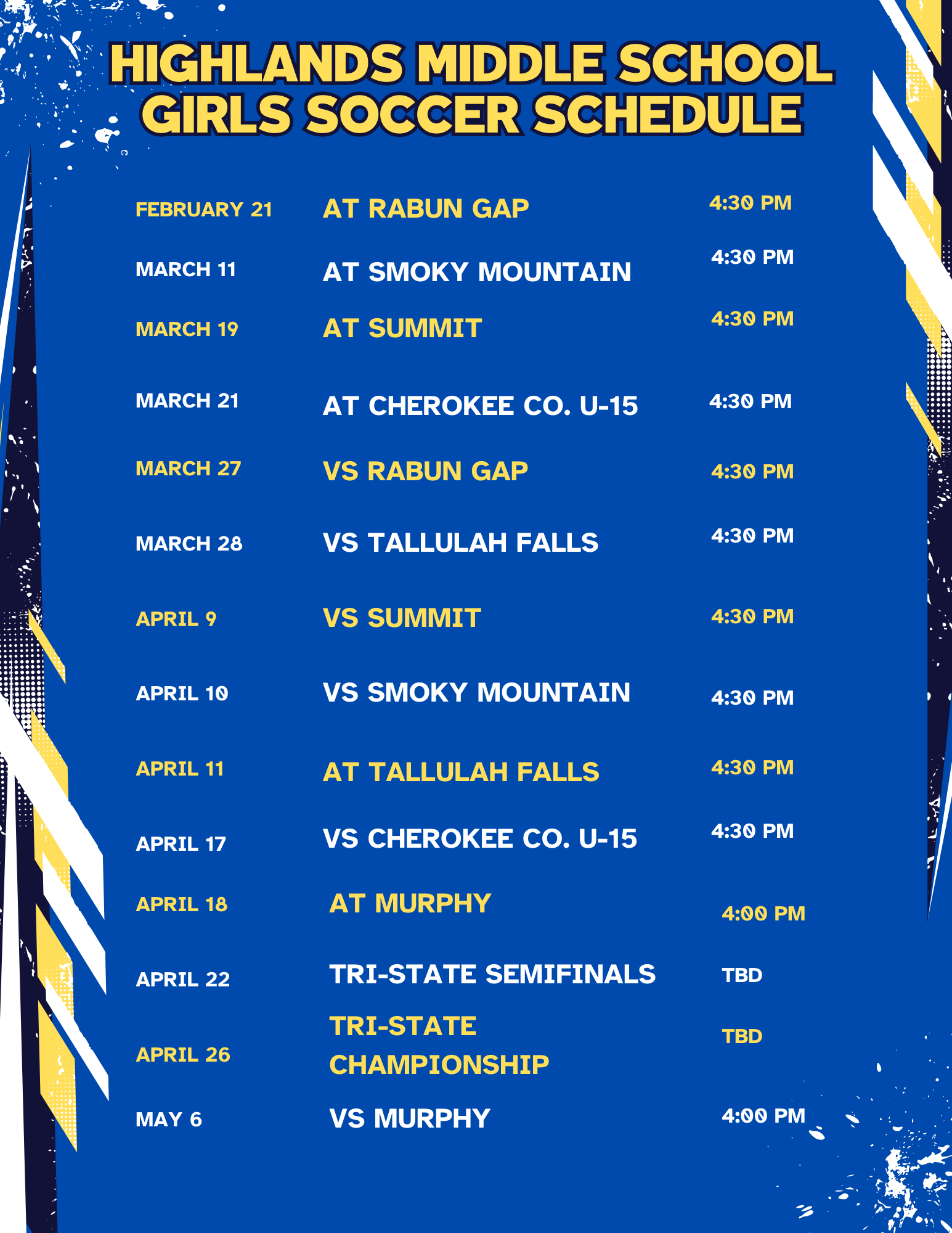 Girls Middle School soccer schedule