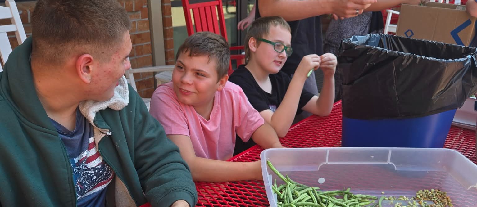 Students stringing beans.