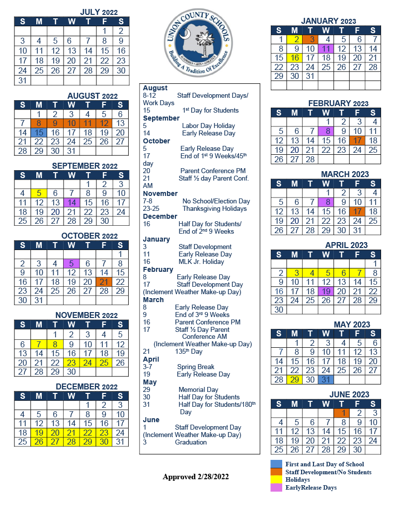 2022-2023 Approved Calendar | Union County Schools