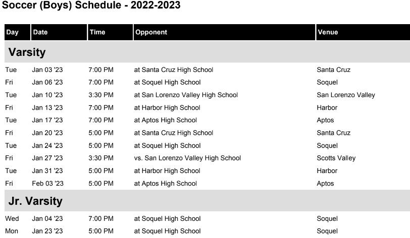 Soccer Schedule