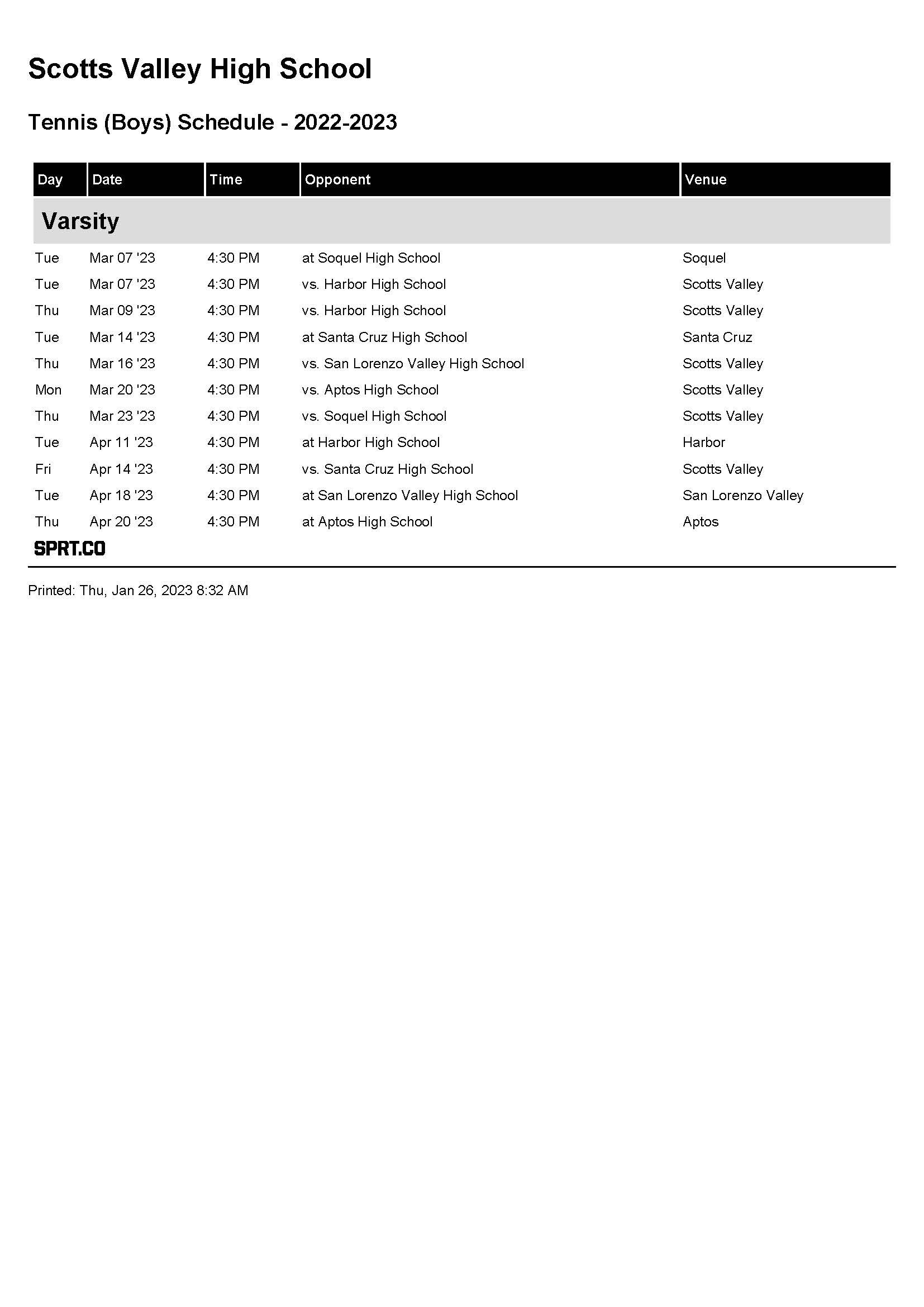 Boy Tennis Schedule