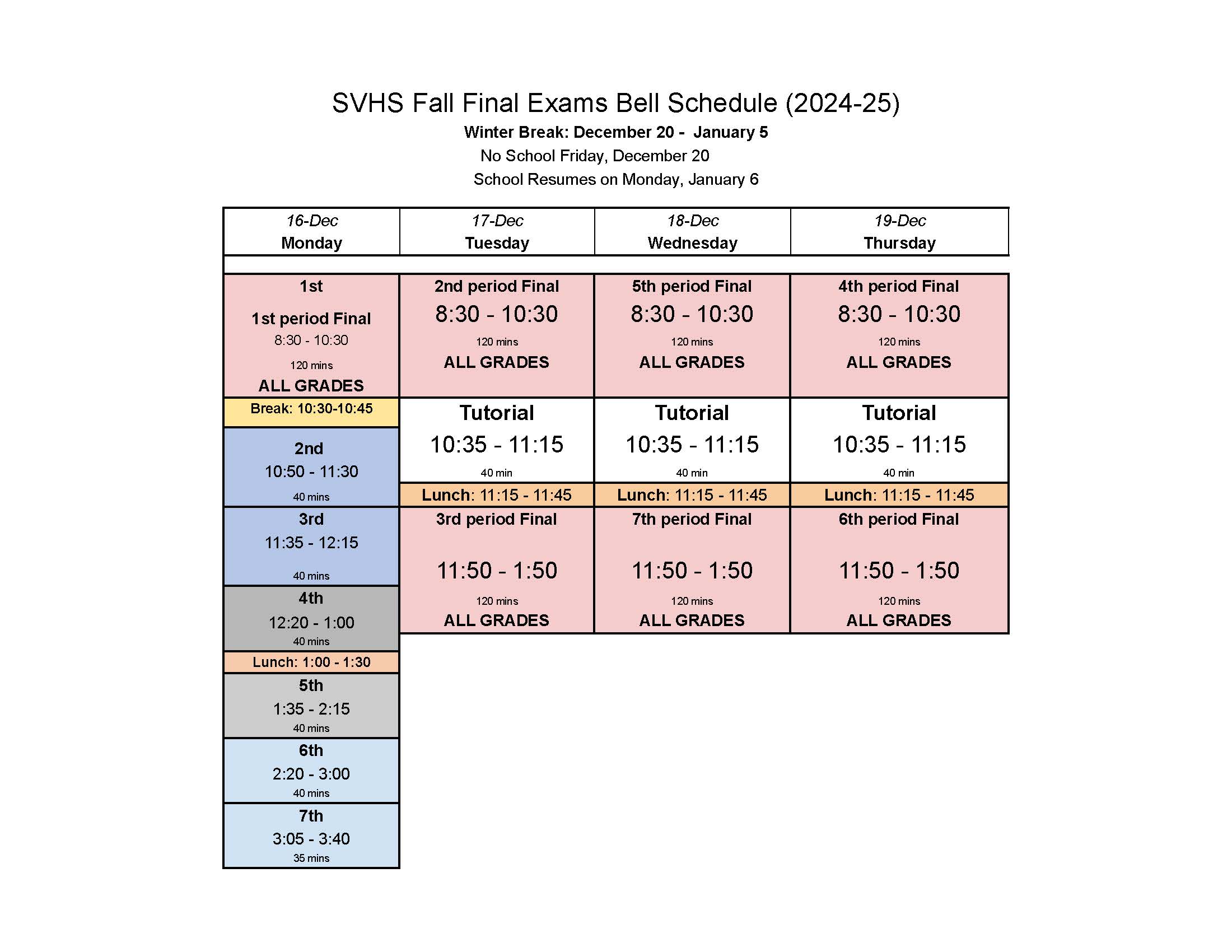 Fall Finals Schedule 2024-25