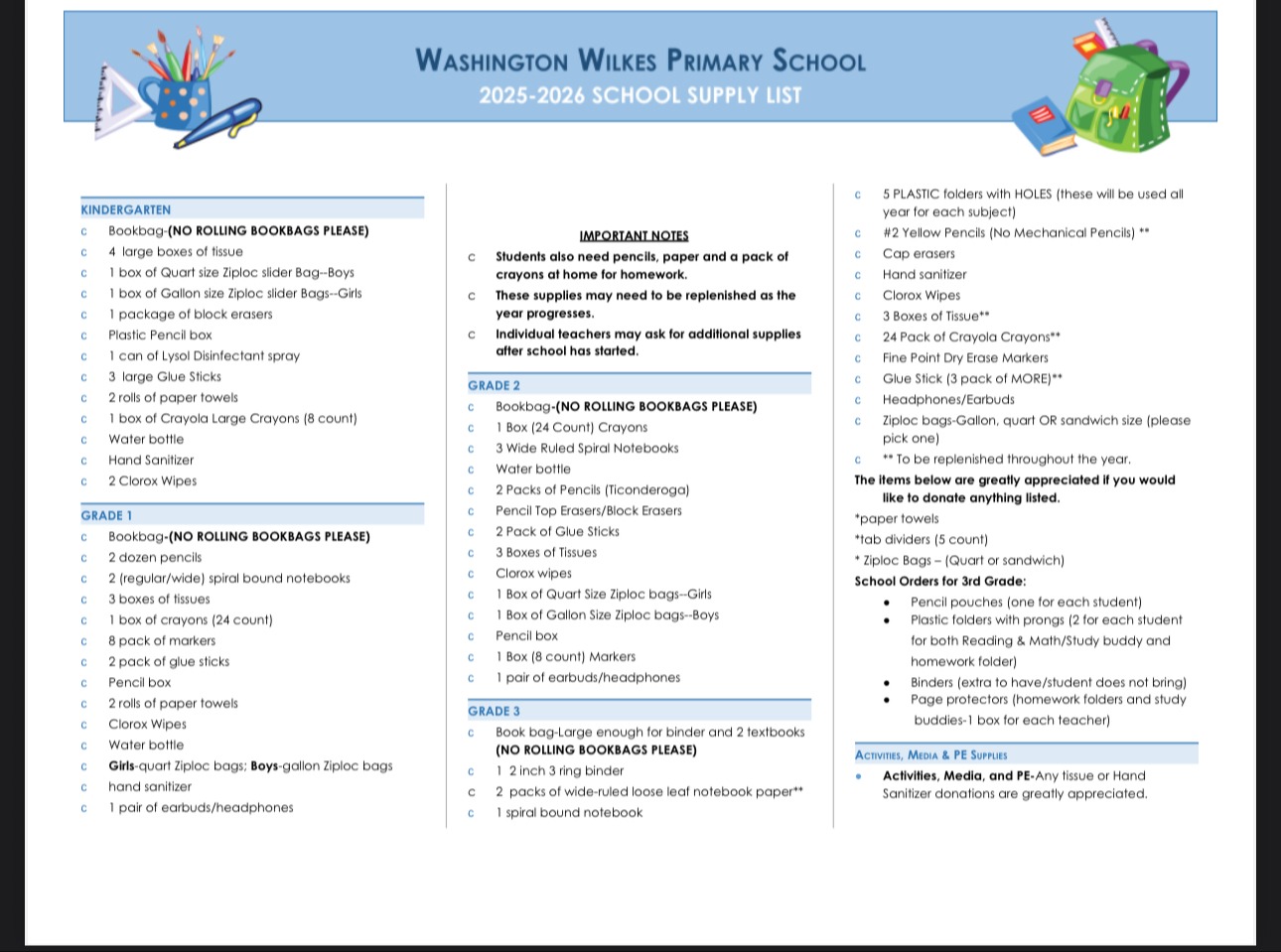 WWPS Supply List