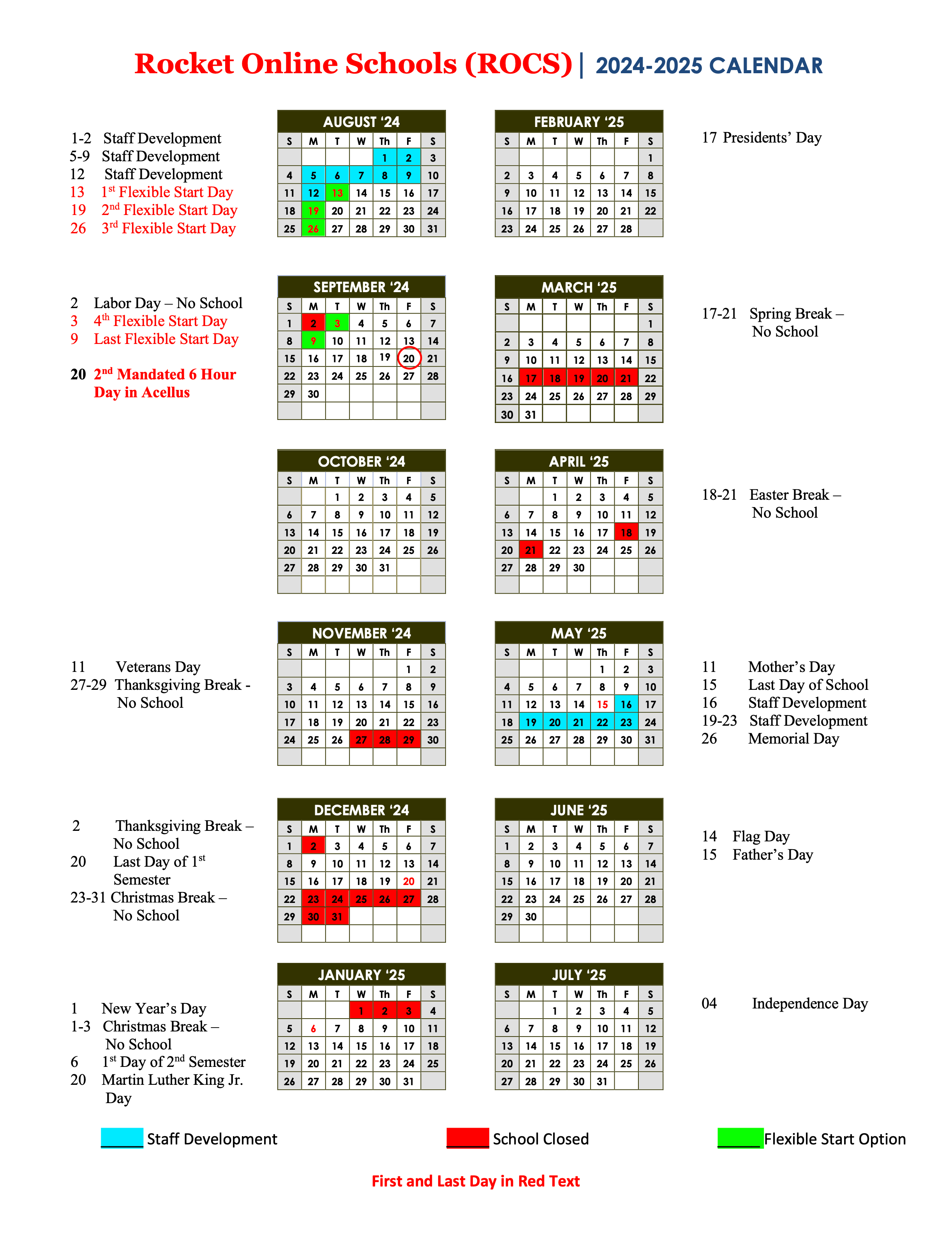 ROCS Calendar 2024-2025