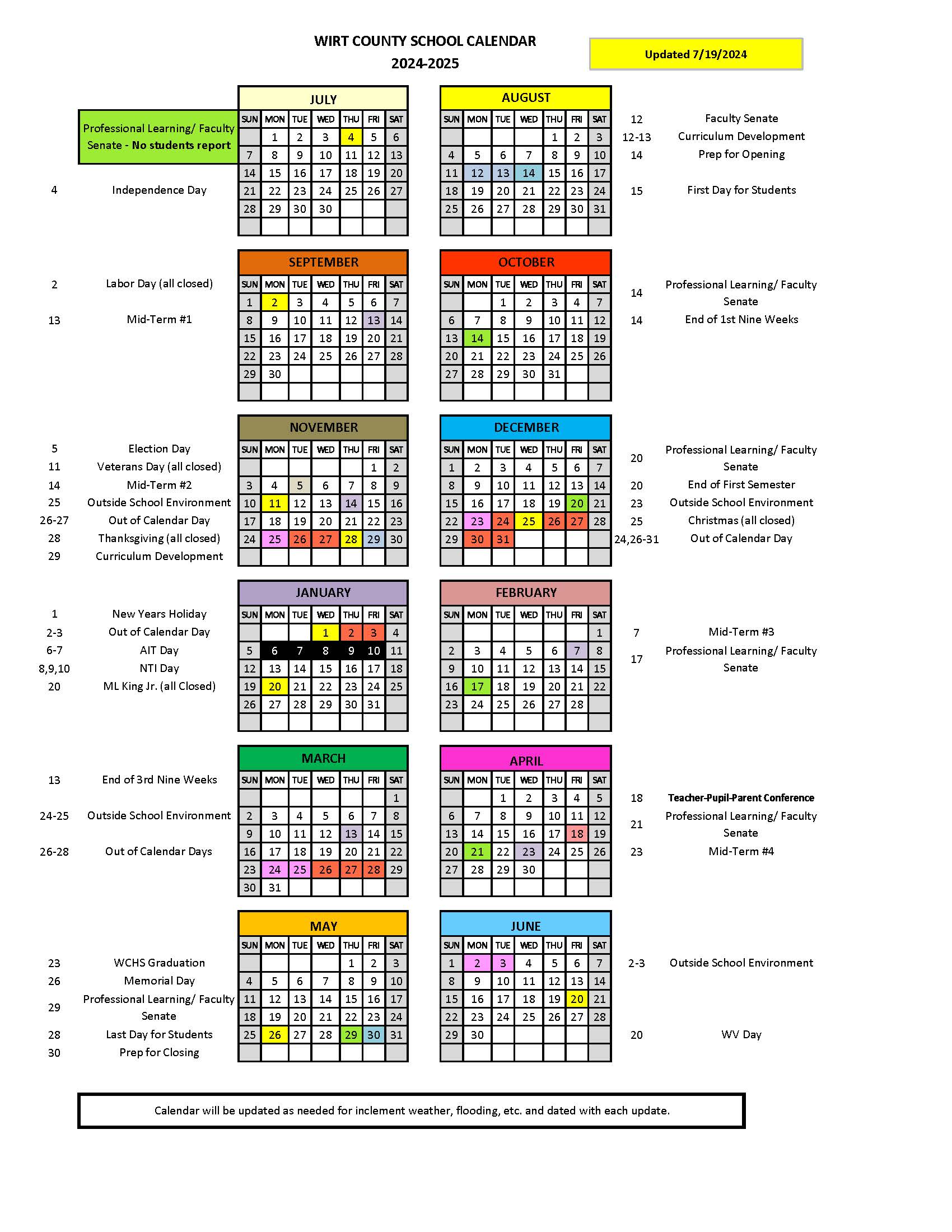 Edited calendar for snow days