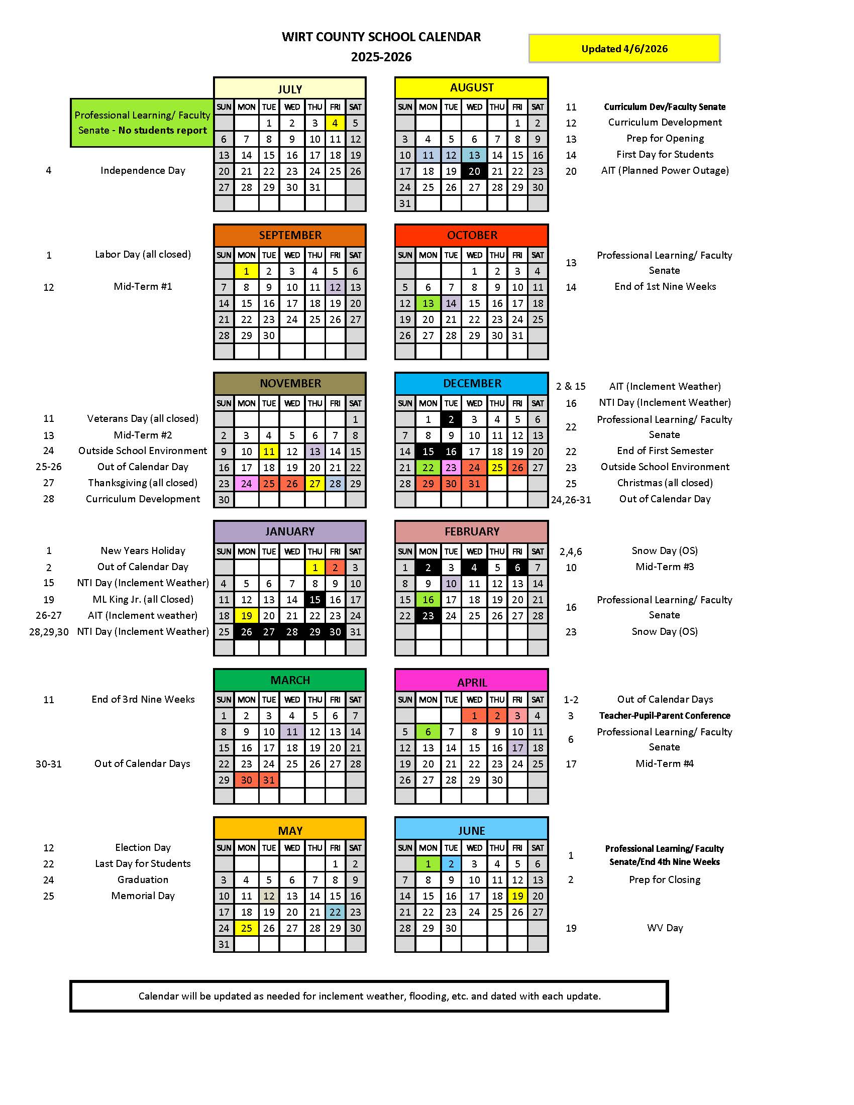 2025-26 calendar update